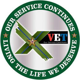 OUR SERVICE CONTINUES V V VXX VET OUR SERVICE CONTINUES LIVING THE LIFE WE DESERVE trademark