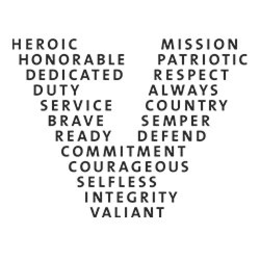 HEROIC MISSION HONORABLE PATRIOTIC DEDICATED RESPECT DUTY ALWAYS SERVICE COUNTRY BRAVE SEMPER READY DEFEND COMMITMENT COURAGEOUS SELFLESS INTEGRITY VALIANT trademark