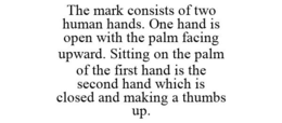 THE MARK CONSISTS OF TWO HUMAN HANDS. ONE HAND IS OPEN WITH THE PALM FACING UPWARD. SITTING ON THE PALM OF THE FIRST HAND IS THE SECOND HAND WHICH IS CLOSED AND MAKING A THUMBS UP. trademark