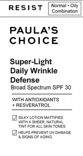 RESIST NORMAL · OILY COMBINATION PAULA'S CHOICE SUPER-LIGHT DAILY WRINKLE DEFENSE BROAD SPECTRUM SPF 30 WITH ANTIOXIDANTS + RESVERATROL SILKY LOTION MATTIFIES WITH A SHEER, NATURAL TINT FOR ALL SKIN TONES HELPS PREVENT UV DAMAGE & SIGNS OF AGING trademark