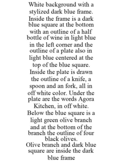 WHITE BACKGROUND WITH A STYLIZED DARK BLUE FRAME. INSIDE THE FRAME IS A DARK BLUE SQUARE AT THE BOTTOM WITH AN OUTLINE OF A HALF BOTTLE OF WINE IN LIGHT BLUE IN THE LEFT CORNER AND THE OUTLINE OF A PLATE ALSO IN LIGHT BLUE CENTERED AT THE TOP OF THE BLUE SQUARE. INSIDE THE PLATE IS DRAWN THE OUTLINE OF A KNIFE, A SPOON AND AN FORK, ALL IN OFF WHITE COLOR. UNDER THE PLATE ARE THE WORDS AGORA KITCHEN, IN OFF WHITE. BELOW THE BLUE SQUARE IS A LIGHT GREEN OLIVE BRANCH AND AT THE BOTTOM OF THE BRANCH THE OUTLINE OF FOUR BLACK OLIVES. OLIVE BRANCH AND DARK BLUE SQUARE ARE INSIDE THE DARK BLUE FRAME trademark