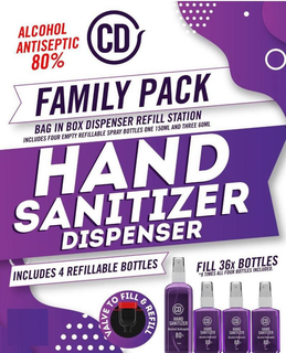 CD ALCOHOL ANTISEPTIC 80% FAMILY PACK BAG IN BOX DISPENSER REFILL STATION INCLUDES FOUR EMPTY REFILLABLE SPRAY BOTTLES ONE 150ML AND THREE 60ML HAND SANITIZER DISPENSER INCLUDES 4 REFILLABLE BOTTLES FILL 36X BOTTLES *9 TIMES ALL FOUR BOTTLES INCLUDED. VALVE TO FILL & REFILL 3L (101.4 FL OZ) CD HAND SANITIZER ALCOHOL ANTISEPTIC 80% 150ML CD HAND SANITIZER ALCOHOL ANTISEPTIC 80% 60ML CD HAND SANITIZER ALCOHOL ANTISEPTIC 80% 60ML CD HAND SANITIZER ALCOHOL ANTISEPTIC 80% 60ML trademark