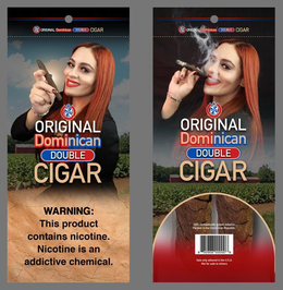 ORIGINAL DOMINICAN DOUBLE CIGAR ORINGINAL DOMINICAN DOUBLE CIGAR WARNING: THIS PRODUCT CONTAINS NICOTINE. NICOTINE IS AN ADDICTIVE CHEMICAL. 100% DOMESTICALLY GROWN TOBACCO. PACKED IN THE DOMINICAN REPUBLIC. SALE ONLY ALLOWED IN THE U.S.A. NOT FOR SALE TO MINORS. trademark