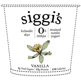 SIGGI'S ICELANDIC SKYR 0% MILKFAT STRAINED NONFAT YOGURT VANILLA 9G TOTAL SUGARS 15G PROTEIN 110 CALORIES trademark