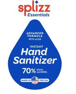SPLIZZ ESSENTIALS ADVANCED FORMULA WITH ALOE INSTANT HAND SANITIZER 70% ETHYL ALCOHOL MADE IN THE USA trademark