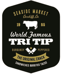 SEASIDE MARKET CARDIFF, CA 1985 WORLD FAMOUS TRI TIP BURGUNDY PEPPERED THE ORIGINAL CRACK SANDWICHES BURRITOS TACOS trademark