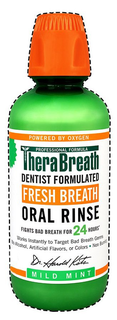 POWERED BY OXYGEN PROFESSIONAL FORMULA THERABREATH DENTIST FORMULATED FRESH BREATH ORAL RINSE FIGHTS BAD BREATH FOR 24 HOURS WORKS INSTANTLY TO TARGET BAD BREATH GERMS NO ALCOHOL, ARTIFICIAL FLAVORS, OR COLORS · NON BURNING DR. HAROLD KATZ MILD MINT trademark