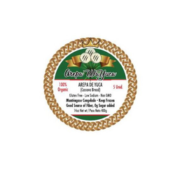AREPA WAYUCA 100% ORGANIC AREPA DE YUCA (CASSAVA BREAD) 5 UNID. GLUTEN FREE - LOW SODIUM - NON GMO MANTENGASE CONGELADO - KEEP FROZEN GOOD SOURCE OF FIBER, 0G SUGAR ADDED 14OZ NET WT / PESO NETO 400G trademark