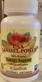 USA GINSSEL POWER 100% NATURAL ENERGY SUPPORT DIETARY SUPPLEMENT · USA · FOOD STANDARDS 60 CAPSULES ROUSSEL VIETNAM MADE IN U.S.A. trademark