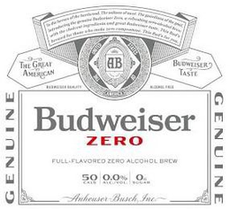 BUDWEISER ZERO TO THE HEROES OF THE HARDWOOD. THE SULTANS OF SWAT. THE GUARDIANS OF THE GOAL. INTRODUCING THE GENUINE BUDWEISER ZERO, A REFRESHING ZERO-ALCOHOL BREW WITH THE CHOICEST INGREDIENTS AND GREAT BUDWEISER TASTE. THIS BUD'S BREWED FOR THOSE WHO MAKE ZERO COMPROMISE. THIS BUD'S FOR YOU. AB TRADE MARK THE UNITED STATES OF AMERICA THE GREAT AMERICAN BUDWEISER TASTE BUDWEISER QUALITY ALCOHOL FREE GENUINE GENUINE FULL-FLAVORED ZERO ALCOHOL BREW 50 CALS 0.0% ALC/VOL. 0G SUGAR ANHEUSER-BUSCH, INC. trademark