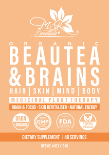 MOR ESSENTIALS ORGANIC BEAUTEA & BRAINS HAIR SKIN MIND BODY MEDICINAL PLANT THERAPY BRAIN & FOCUS SKIN REVITALISER NATURAL ENERGY USDA ORGANIC GOOD MANUFACTURING PRACTICE QUALITY ASSURED SOURCED FROM A GMP CERTIFIED FACILITY MANUFACTURED IN A FDA REGISTERED FACILITY THAT CONFORMS TO GMP STANDARDS 100% VEGAN DIETARY SUPPLEMENT 48 SERVINGS NET WT: 4 OZ (113 G) trademark