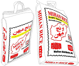 MIHAN RICE SUPER BASMATI SELLA RICE NATURALLY AROMATIC NET WT. 10 LBS. GMO FREE NO CHOLESTEROL ZERO TRANS FAT 1121 MAIHAN DISTRIBUTORS, INC. EXTRA LONG GRAIN trademark