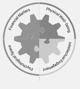 FINANCIAL MATTERS PHYSICAL WELL-BEING INTELLECTUAL ENGAGEMENT PSYCHOLOGICAL SPACE trademark