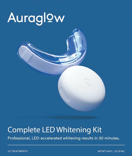 AURAGLOW COMPLETE LED WHITENING KIT PROFESSIONAL, LED-ACCELERATED WHITENING RESULTS IN 30 MINUTES. 20 TREATMENTS NET WT 0.68 FL. OZ (20 ML) trademark