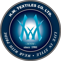 H.W. TEXTILES CO. LTD. LIVE IN STYLE · WEAR WITH PRIDE HW DENIM ~ SINCE 1981 trademark