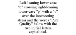 LEFT-LEANING LOWER-CASE "Q" CROSSING IRGHT-LEANING LOWER-CASE "P" WITH A "V" OVER THE INTERSECTING STEMS AND THE WORDS "PURE QUALITY" BELOW WITH THE TWO INITIAL LETTERS CAPITALIZED. trademark
