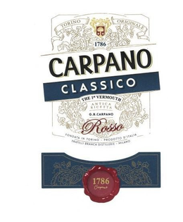 CARPANO CLASSICO THE 1ST VERMOUTH ANTICA RICETTA G.B.CARPANO ROSSO TORINO ORIGINALE 1786 FONDATA IN TORINO PRODOTTO D'ITALIA FRATELLI BRANCA DISTILLERIE MILANO 1786 CARPANO trademark