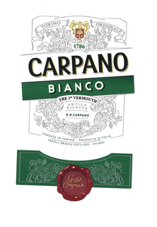 CARPANO BIANCO THE 1ST VERMOUTH ANTICA RICETTA G.B.CARPANO TORINO ORIGINALE 1786 FONDATA IN TORINO PRODOTTO D'ITALIA FRATELLI BRANCA DISTILLERIE MILANO 1786 CARPANO trademark
