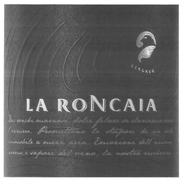 CERGNEU, LA RONCAIA, DAI RONCHI MARNOSI, DOLCI FILARI SI SLANCIANO VERSO L'AZZURRO. PROMETTONO LO STUPORE DI UN VOLO IMMOBILE A MEZZ'ARIA. EMOZIONI DELL'ANIMA, AROMI E SAPORI DEL VINO, LA NOSTRA RICCHEZZA trademark
