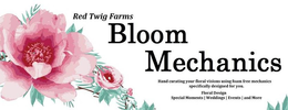 RED TWIG FARMS BLOOM MECHANICS HAND CURATING YOUR FLORAL VISIONS USING FOAM FREE MECHANICS SPECIFICALLY DESIGNED FOR YOU. FLORAL DESIGN SPECIAL MOMENTS | WEDDINGS | EVENTS | AND MORE trademark