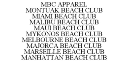 MBC APPAREL MONTUAK BEACH CLUB MIAMI BEACH CLUB MALIBU BEACH CLUB MAUI BEACH CLUB MYKONOS BEACH CLUB MELBOURNE BEACH CLUB MAJORCA BEACH CLUB MARSEILLE BEACH CLUB MANHATTAN BEACH CLUB trademark