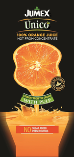 JUMEX UNICO 100% ORANGE JUICE NOT FROM CONCENTRATE · JUGO DE CALIDAD · PREMIUM STRAIGHT FROM THE ORANGE WITH PULP NO SUGAR ADDED PRESERVATIVES trademark