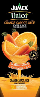 JUMEX ÚNICO ORANGE-CARROT JUICE 100% JUICE FROM CONCENTRATE · A JUMEX · QUALITY PRODUCT EXCELLENT SOURCE OF VITAMINS A & C ORANGE-CARROT JUICE FROM CONCENTRATE NO SUGAR ADDED PRESERVATIVES trademark