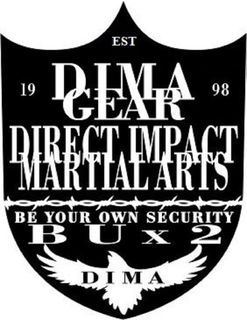 EST 1998 DIMA GEAR DIRECT IMPACT MARTIAL ARTS BE YOUR OWN SECURITY B U X 2 DIMA trademark