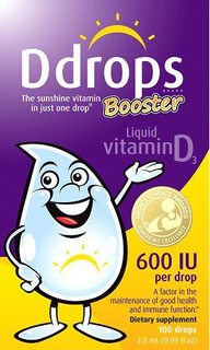 DDROPS BRAND BOOSTER THE SUNSHINE VITAMIN IN JUST ONE DROP LIQUID VIDAMIN D3 MOM'S CHOICE AWARDS HONORING EXCELLENCE 600 IU PER DROP A FACTOR IN THE MAINTENANCE OF GOOD HEALTH AND IMMUNE FUNCTION.* DIETARY SUPPLEMENT 100 DROPS 2.8 ML (0.09 FL.OZ) trademark