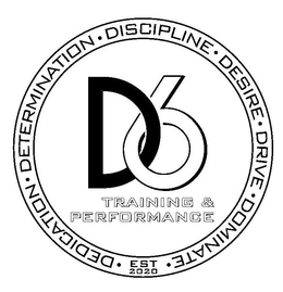 D6 TRAINING & PERFORMANCE DEDICATION ? DETERMINATION · DISCIPLINE · DESIRE · DRIVE · DOMINATE EST 2020 trademark