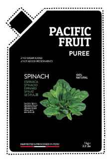 PACIFIC FRUIT PUREE NO SUGAR ADDED NOT ADDED PRESERVATIVES SPINACH 100% NATURAL ESPINACA SPINACIO EPINARD SPINAT INGREDIENTS: SPINACH INGREDIENTES: ESPINACA INGREDIENTI: SPINACIA INGREDIENTS: EPINARD ZUTATEN: SPINAT HARVESTED AND PROCESSED IN PERU 1KG 2.2 LBS trademark
