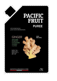 PACIFIC FRUIT PUREE NO SUGAR ADDED NOT ADDED PRESERVATIVES GINGER 100% NATURAL JENGIBRE ZENZERO GINGEMBRE INGWER INGREDIENTS: GINGER INGREDIENTES: JENGIBRE INGREDIENTI: ZENZERO INGREDIENTS: GINGEMBRE ZUTATEN: INGWER HARVESTED & PROCESSED IN PERU 1KG 2.2 LBS trademark
