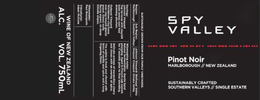 SPY VALLEY PINOT NOIR MARLBOROUGH // NEW ZEALAND SUSTAINABLY CRAFTED SOUTHERN VALLEYS//SINGLE ESTATE SUSTAINABLY GROWN FROM OUR FAMILY VINEYARDS REGION: SUB REGIONS: GEOLOGY: WINEMAKING NOTES: WINEMAKER: VITICULTURIST: WINE OF NEW ZEALAND ALC. VOL. 750ML SPY VALLEY WINES trademark