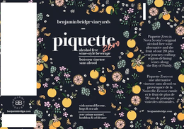 BENJAMIN BRIDGE VINEYARDS PIQUETTE ZERO ALCOHOL FREE WINESTYLE BEVERAGE BOISSON VINEUSE SANS ALCOOL WITH NATURAL FLAVOUR, HOPS & SEA SALT AVEC ARÔME NATUREL, HOUBLON & SEL DE MER PIQUETTE ZERO IS NOVA SCOTIA'S ORIGINAL ALCOHOL FREE WINE ALTERNATIVE AND THE FRUIT OF OUR 20 PLUS YEAR JOURNEY CRAFTING REGION-DEFINING WINE ALONG THE BAY OF FUNDY PIQUETTE ZERO EST UNE ALTERNATIVE VINEUSA SANS ALCOOL EN PROVENANCE DE LA NOUVELLEÉSCOSSE RURALE ET LE FRUIT DE PLUE DE 20 ANS DE PRATIQUES VINICOLES ARTISANALES BENJAMINBRIDGE.COM trademark