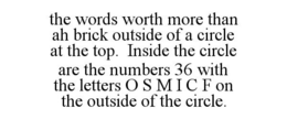 THE WORDS WORTH MORE THAN AH BRICK OUTSIDE OF A CIRCLE AT THE TOP. INSIDE THE CIRCLE ARE THE NUMBERS 36 WITH THE LETTERS O S M I C F ON THE OUTSIDE OF THE CIRCLE. trademark