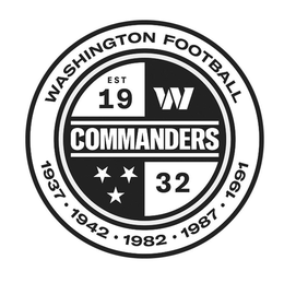 WASHINGTON FOOTBALL EST 19 W COMMANDERS 32 1937 · 1942 · 1982 · 1987 · 1991 trademark