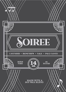 SOIREE LAVENDER + HONEYDEW + SAGE + PALO SANTO BURN TIME 95 HOURS 14 OZ. MADE WITH A SOY WAX BLEND trademark