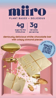 MIIRO PLANT BASED + DELICIOUS 4G SUGAR FOR THE WHOLE BAR 3G NET CARBS PER SERVING DEVIOUSLY DELICIOUS WHIITE CHOCOLATE BAR WITH CRISPY ALMOND PIECES SCAN ME FOR AN EXPRESS REORDER trademark