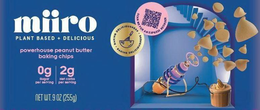 MIIRO PLANT BASED + DELICIOUS POWERHOUSE PEANUT BUTTER BAKING CHIPS 0G SUGAR PER SERVING 2G NET CARBS PER SERVING NET WT. 9OZ (255G) BAKING DELICIOUSNESS SCAN ME FOR AN EXPRESS REORDER trademark