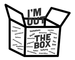 I'M OUT THE BOX COMPARISON MY PAST PAST FAILURES LAZINESS PROCRASTINATION SHAME DISABILITIES OPINIONS LIMITATIONS BLOCKS INSECURITIES JUDGEMENT EXCLUSION HATERS DISCRIMINATION DISTRACTIONS REJECTION RESTRICTIONS FEAR LIES BIAS BULLYING RACISM DREAM KILLERS SELF DOUBT trademark
