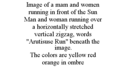 IMAGE OF A MAM AND WOMEN RUNNING IN FRONT OF THE SUN MAN AND WOMAN RUNNING OVER A HORIZONTALLY STRETCHED VERTICAL ZIGZAG, WORDS "ARUTISUSE RUN" BENEATH THE IMAGE. THE COLORS ARE YELLOW RED ORANGE IN OMBRE trademark