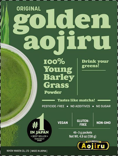 ORIGINAL GOLDEN AOJIRU 100% YOUNG BARLEY GRASS POWDER DRINK YOUR GREENS! TASTES LIKE MATCHA! PESTICIDE-FREE NO ADDITIVES NO SUGAR VEGAN GLUTEN-FREE NON-GMO 46--3 G PACKETS NET WT. 4.9 OZ (138G) NIHON YAKKEN CO., LTD MADE IN JAPAN AOJIRU NIHON YAKKEN #1 IN JAPAN · BEST SELLER · YOUNG BARLEY GRASS trademark
