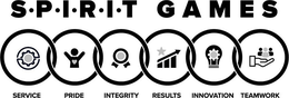 S·P·I·R·I·T GAMES SERVICE PRIDE INTEGRITY RESULTS INNOVATION TEAMWORK & DESIGN trademark