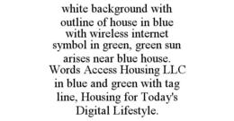 WHITE BACKGROUND WITH OUTLINE OF HOUSE IN BLUE WITH WIRELESS INTERNET SYMBOL IN GREEN, GREEN SUN ARISES NEAR BLUE HOUSE. WORDS ACCESS HOUSING LLC IN BLUE AND GREEN WITH TAG LINE, HOUSING FOR TODAY'S DIGITAL LIFESTYLE. trademark