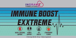IMMUNE BOOST EXXTREME INGRAM FORMULATIONS HEART & ARTERIAL SUPPORT KIDNEY SUPPORT GUT HEALTH STRAWBERRY FLAVOR 15 SERVINGS (NET WT. 191 G)  | DIETARY SUPPLEMENT trademark