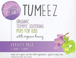 TUMEEZ DON'T WORRY I'M FLAT ORGANIC TUMMY SOOTHING POPS FOR KIDS WITH ORGANIC HONEY VARIETY PACK 5 GRAPE · 5 APPLE MADE WITH ORGANIC AND NON-GMO INGREDIENTS · GLUTEN & DAIRY FREE * FLAVORED WITH OTHER NATURAL FLAVORS trademark