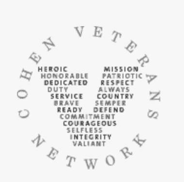 V COHEN VETERANS NETWORK HEROIC MISSION HONORABLE PATRIOTIC DEDICATED RESPECT DUTY ALWAYS SERVICE COUNTRY BRAVE SEMPER READY DEFEND COMMITMENT COURAGEOUS SELFLESS INTEGRITY VALIANT trademark