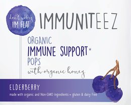 IMMUNITEEZ DON'T WORRY I'M FLAT ORGANIC IMMUNE SUPPORT* POPS WITH ORGANIC HONEY ELDERBERRY MADE WITH ORGANIC AND NON-GMO INGREDIENTS · GLUTEN & DAIRY FREE trademark