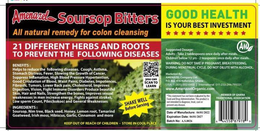 BLACK BACKGROUND AND WITH BIG RED LETTERS AT THE TOP THAT SAYS AMENAZEL SOURSOP BITTERS IN BIG RED FONT WITH WHITE EDGES. THE NEXT LINE BELOW HAS THE TEXTS ALL NATURAL REMEDY FOR COLON CLEANSING IN ORANGE COLOR ON BLACK BACKGROUND. ON THE NEXT 2 LINES ARE THE FOLLOWING WORDS 21 DIFFERENT HERBS AND ROOTS TO PREVENT THE FOLLOWING DISEASE IN WHITE FONT AND ON A RED BACKGROUND. THE NEXT LINE HAS THE FOLLOWING WORD BENEFITS FOLLOWED BY 9 LINES OF VARIOUS BENEFITS OF THE PRODUCT IN SMALL WHITE FONT. THE NEXT LINE HAS THE WORD INGREDIENTS FOLLOWED BY THE ORGANIC COMPONENTS OF THE PRODUCT ALL IN WHITE FONT AND ON A BACKGROUND OF A PICTURE OF A SOURSOP FRUIT WHICH IS GREEN IN COLOR. ON THE SIDE OF THE LABEL FROM THE TOP RIGHT IS THE WORDS GOOD HEALTH IN BIG GREEN FONT AND BELOW ON THE NEXT LINE IN BLACK FONT ARE THE WORDS IS YOUR BEST INVESTEMENT FOLLOWED ON THE NEXT LINE BY 11 RED STARS AND ON A YELLOW BACKGROUND FOLLOWED ON THE NEXT LINE ON GREEN BACKGROUND IS THE LOGO THAT SAYS AM ENCIRCLED IN A WHITE RING WITH A TAIL SHOWING A LEAF. trademark