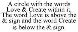 A CIRCLE WITH THE WORDS LOVE & CREATE WITHIN IT. THE WORD LOVE IS ABOVE THE & SIGN AND THE WORD CREATE IS BELOW THE & SIGN. trademark